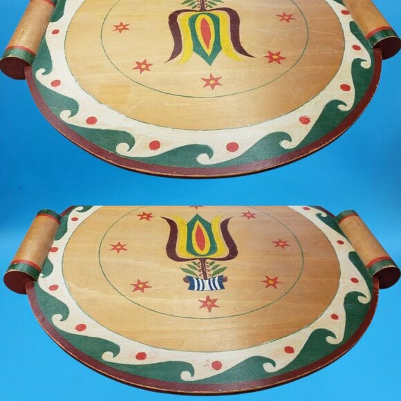 Vintage 1950s Scandinavian Folk Art Wooden Serving Tray • Hand Painted Floral Tu - Picture 4 of 7